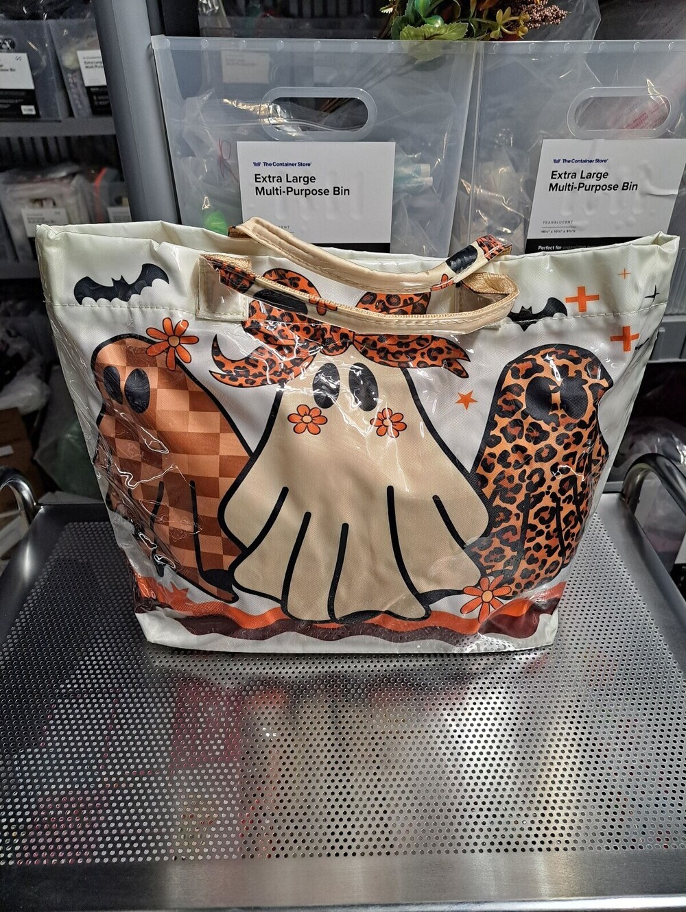 New Women's Halloween Ghost Print Tote Bag with Leopard Accents
